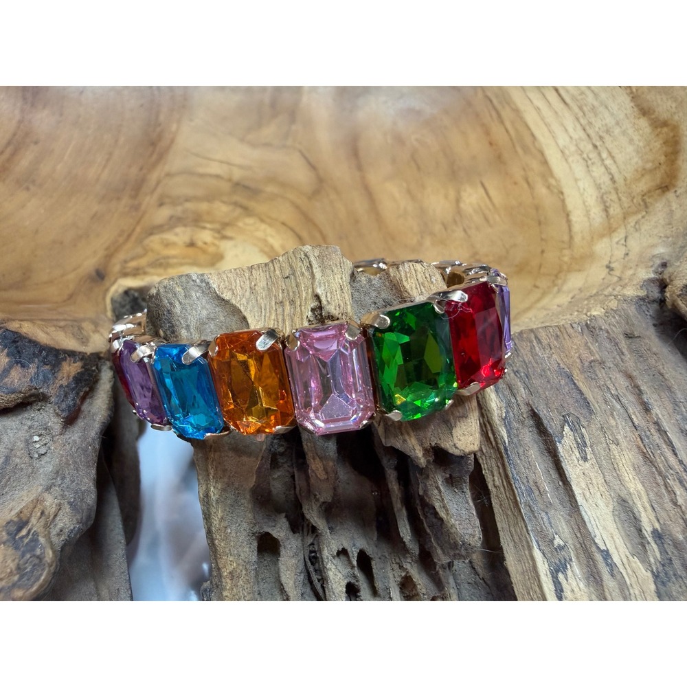 Multi Color Crystal Stretch Bracelet Gold Tone Statement Rainbow Jewelry NWOT